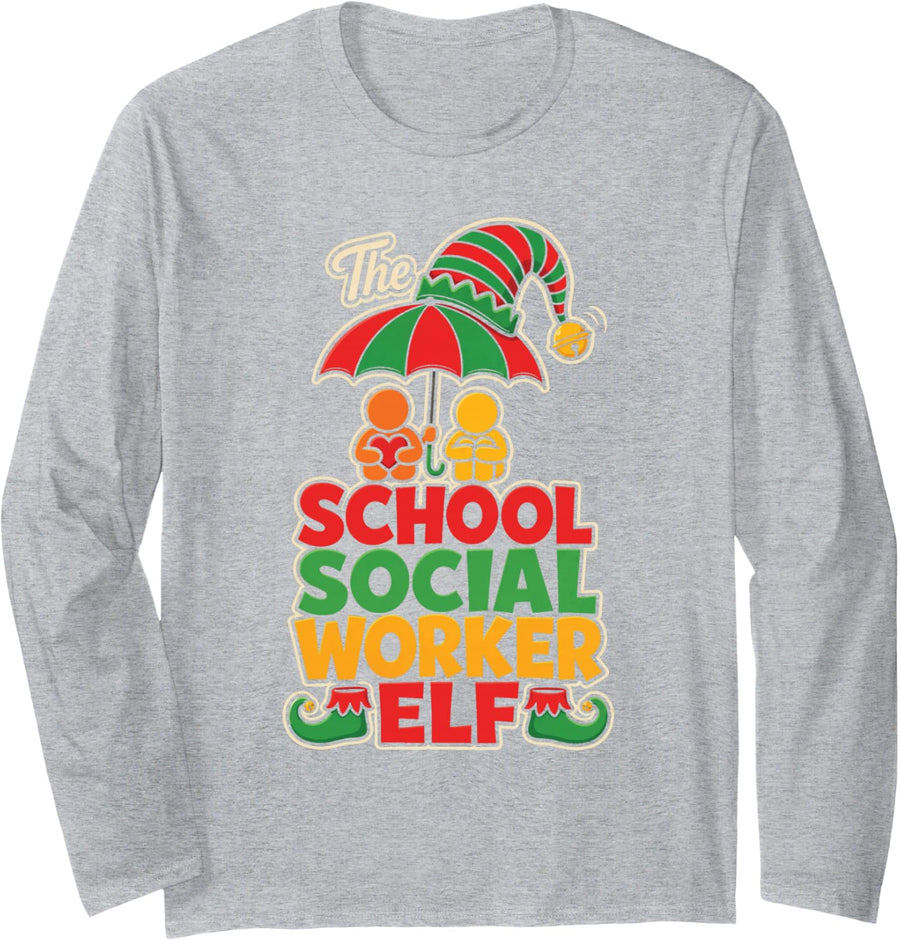 School Social Worker Elf Christmas Support Staff Gift Long Sleeve T-Shirt - Adult Unisex Heather Grey