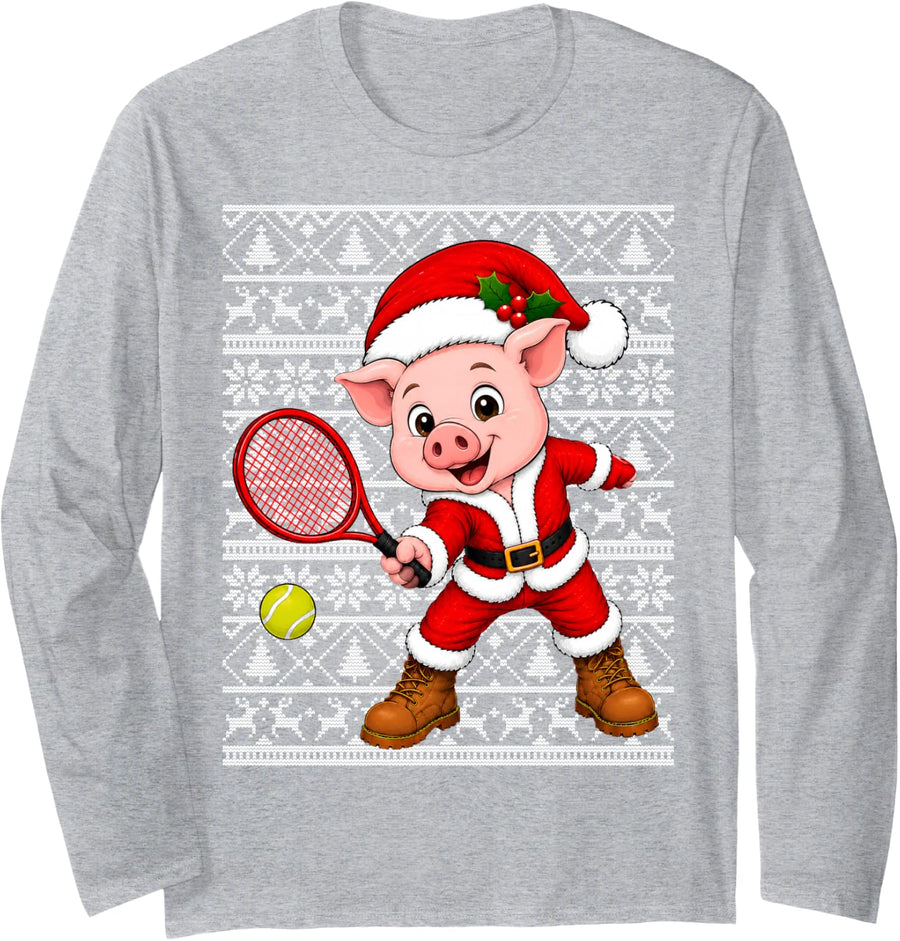 Pig Ugly Xmas Funny Santa Pig Playing Tennis Christmas Long Sleeve T-Shirt - Adult Unisex Heather Grey