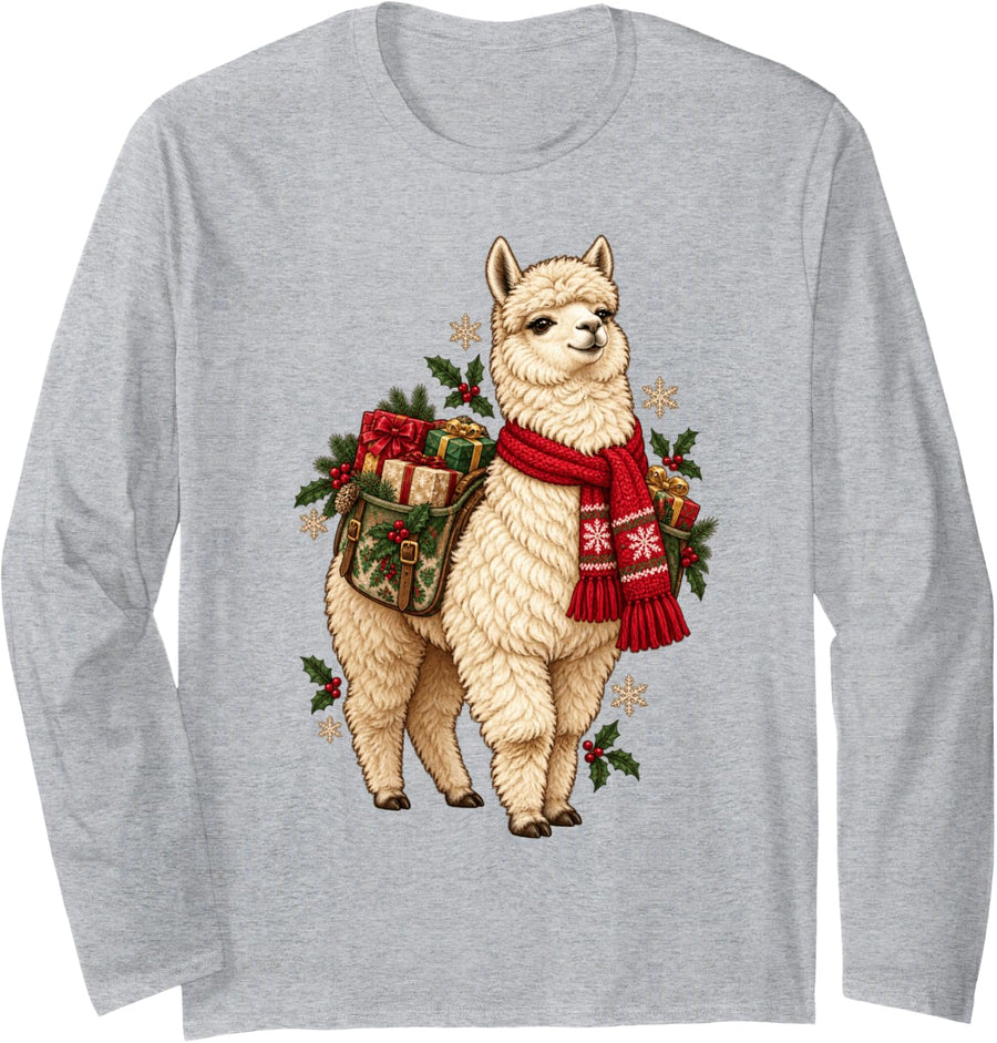 Cute Christmas Llama Alpaca with Gifts Cozy Winter Holiday Long Sleeve T-Shirt - Adult Unisex Heather Grey