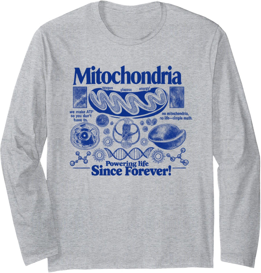 Biologist Tshirt Mitochondria Cell Gift Funny Nerd Men Humor Long Sleeve T-Shirt - Adult Unisex Heather Grey