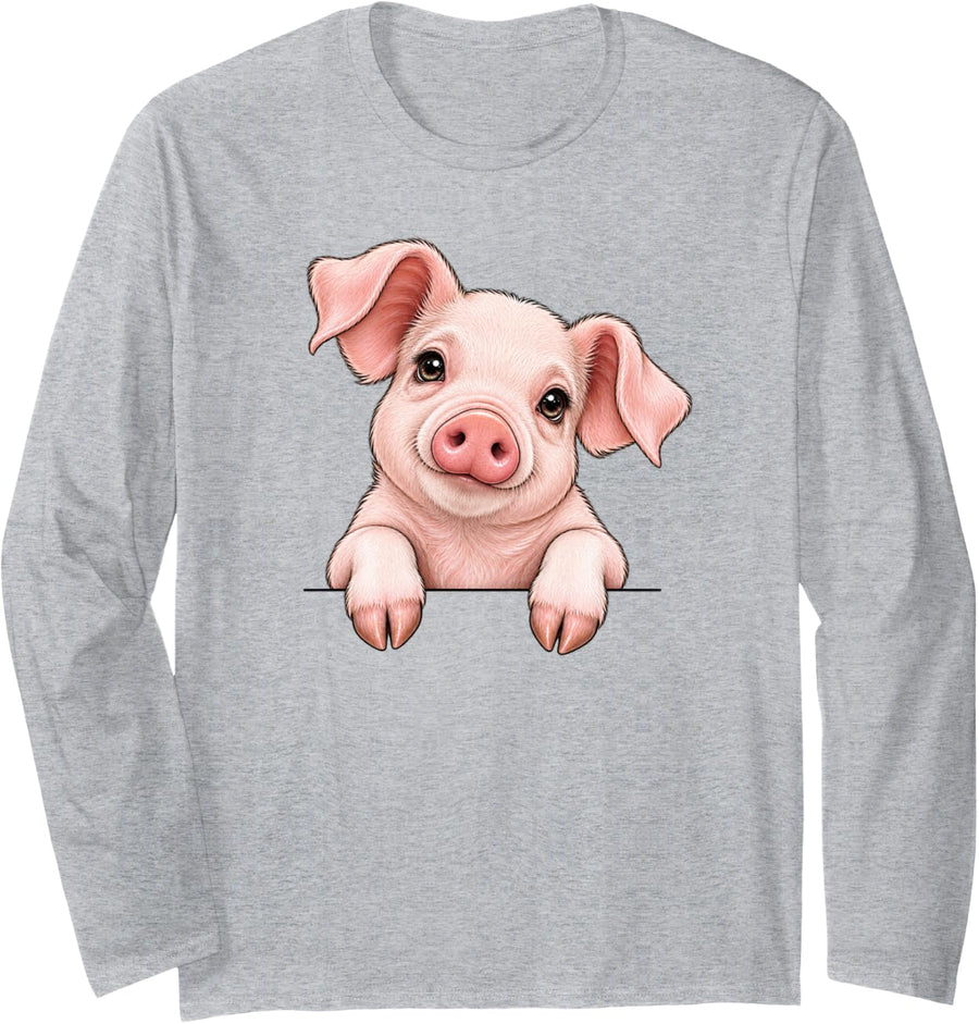 Cute Womens Girls Moms Peeking Pocket Show Pig Lover Long Sleeve T-Shirt - Adult Unisex Heather Grey