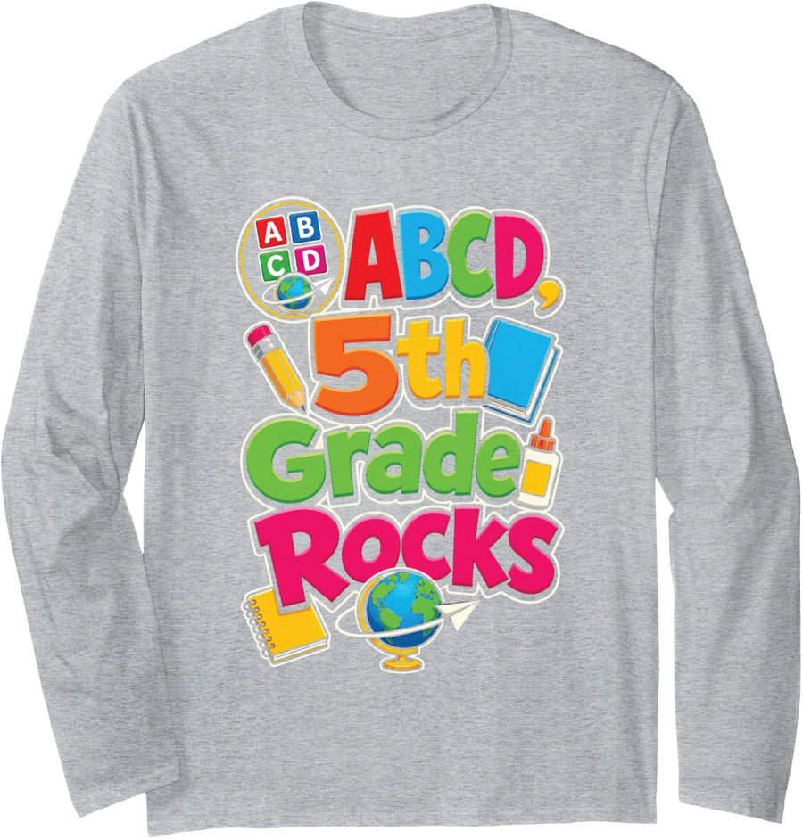 5th Grade Rocks ABCD First Day of Elementary School Kids Long Sleeve T-Shirt - Adult Unisex Heather Grey