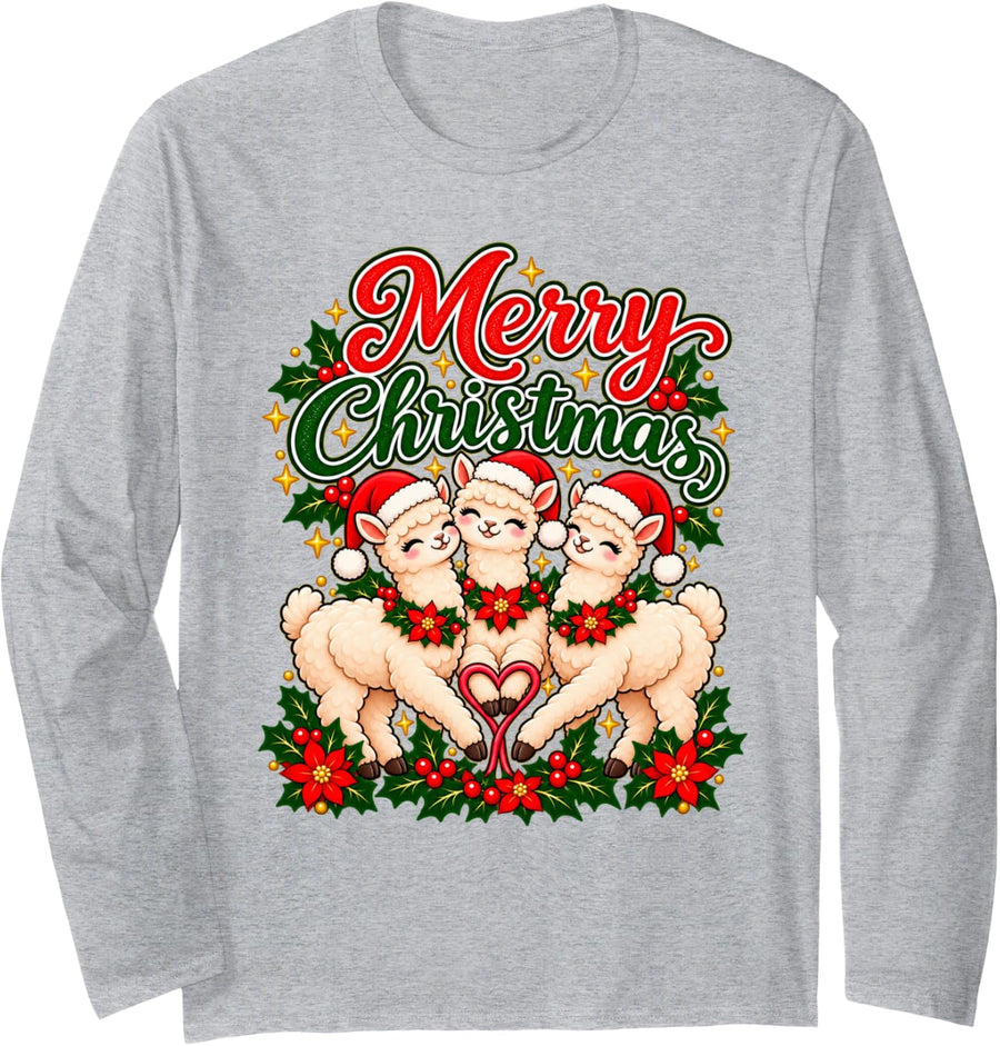 Merry Christmas Alpaca Joyful Holiday Heart Men Women Long Sleeve T-Shirt - Adult Unisex Heather Grey