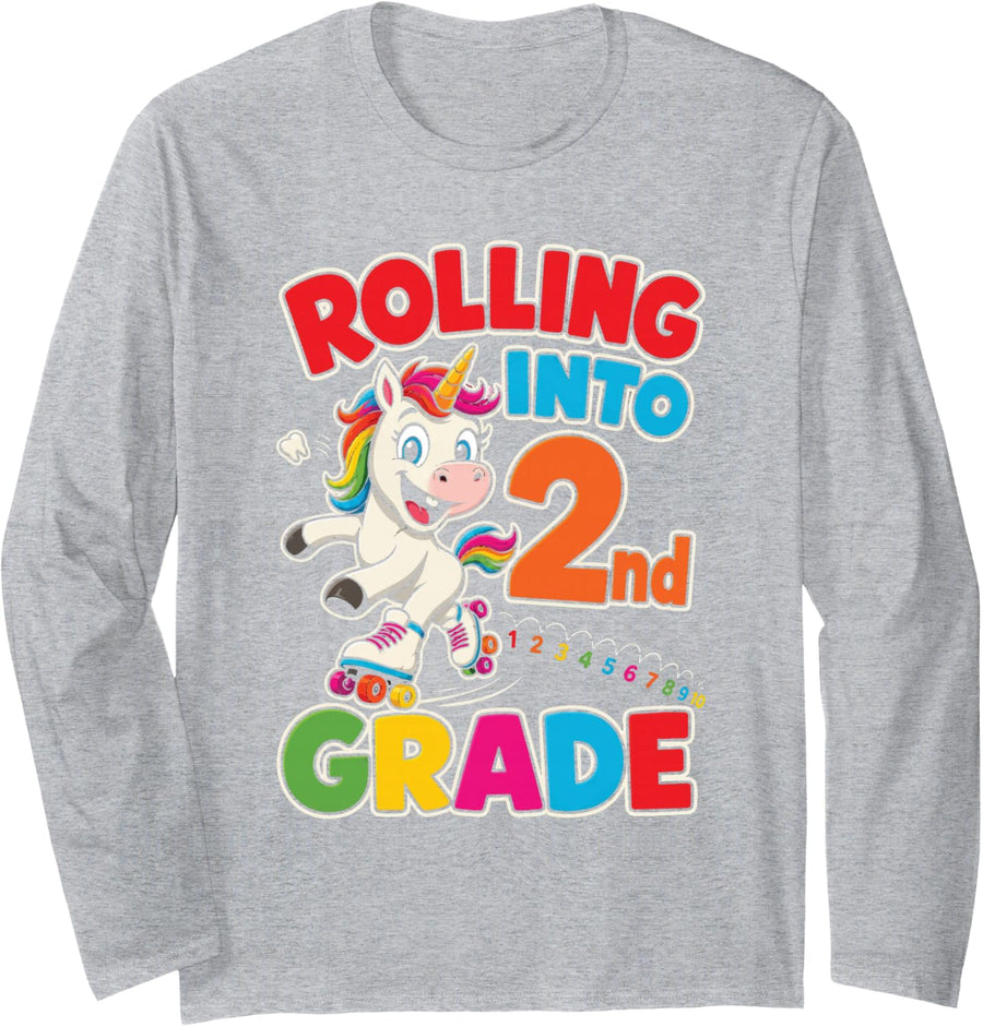 2nd Grade Rolling Into First Day Unicorn Roller Skates Long Sleeve T-Shirt - Adult Unisex Heather Grey