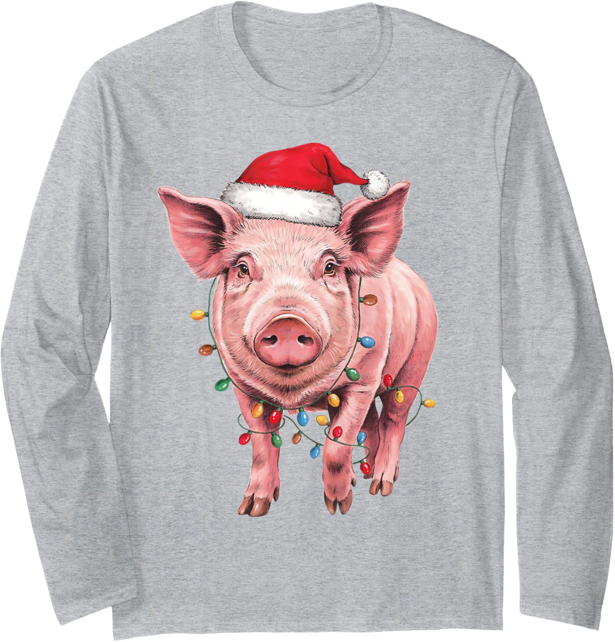 Funny Pig Christmas Lights Santa Hat Animal Lover Mom Dad Long Sleeve T-Shirt - Adult Unisex Heather Grey