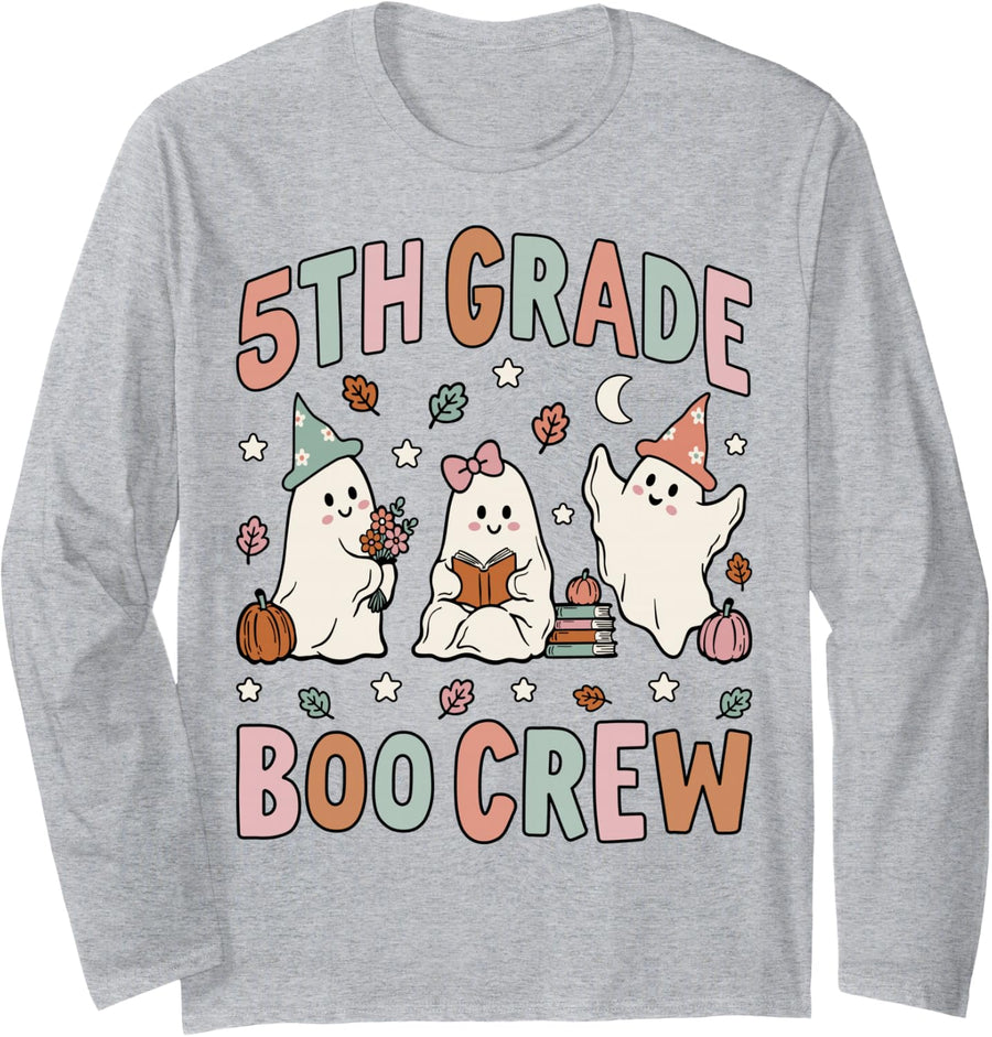 5th Grade Boo Crew Halloween Teacher Kid Groovy Floral Ghost Long Sleeve T-Shirt - Adult Unisex Heather Grey