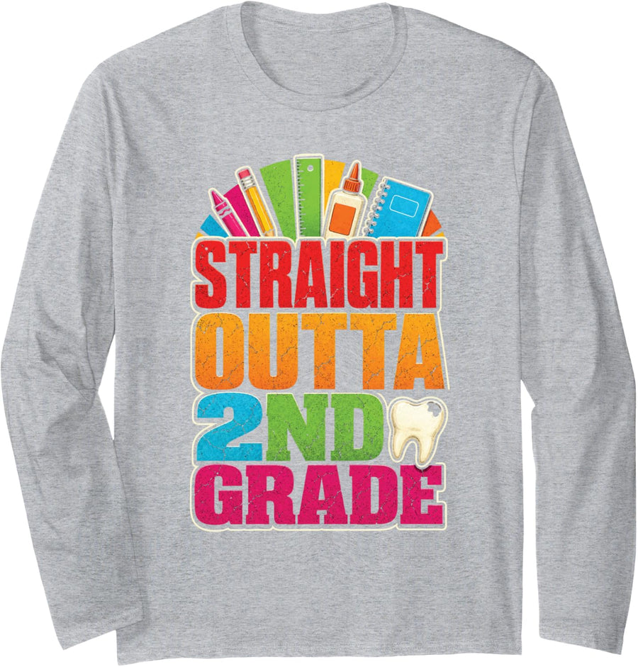 Straight Outta 2nd Grade Elementary Graduation Last Day Long Sleeve T-Shirt - Adult Unisex Heather Grey