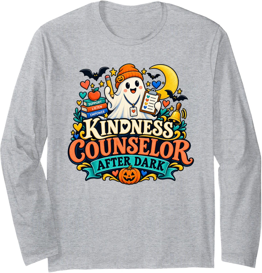 Kindness Counselor After Dark School Social Worker Halloween Long Sleeve T-Shirt - Adult Unisex Heather Grey