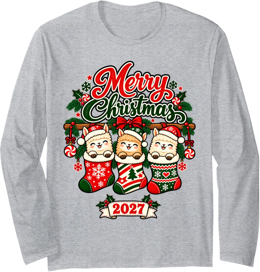 Merry Christmas 2027 Happy Alpaca in Stockings Men Women Long Sleeve T-Shirt - Adult Unisex Heather Grey