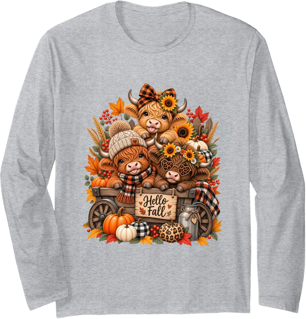 Cute Highland Cow Hello Fall Pumpkin Autumn Farm Western Long Sleeve T-Shirt - Adult Unisex Heather Grey