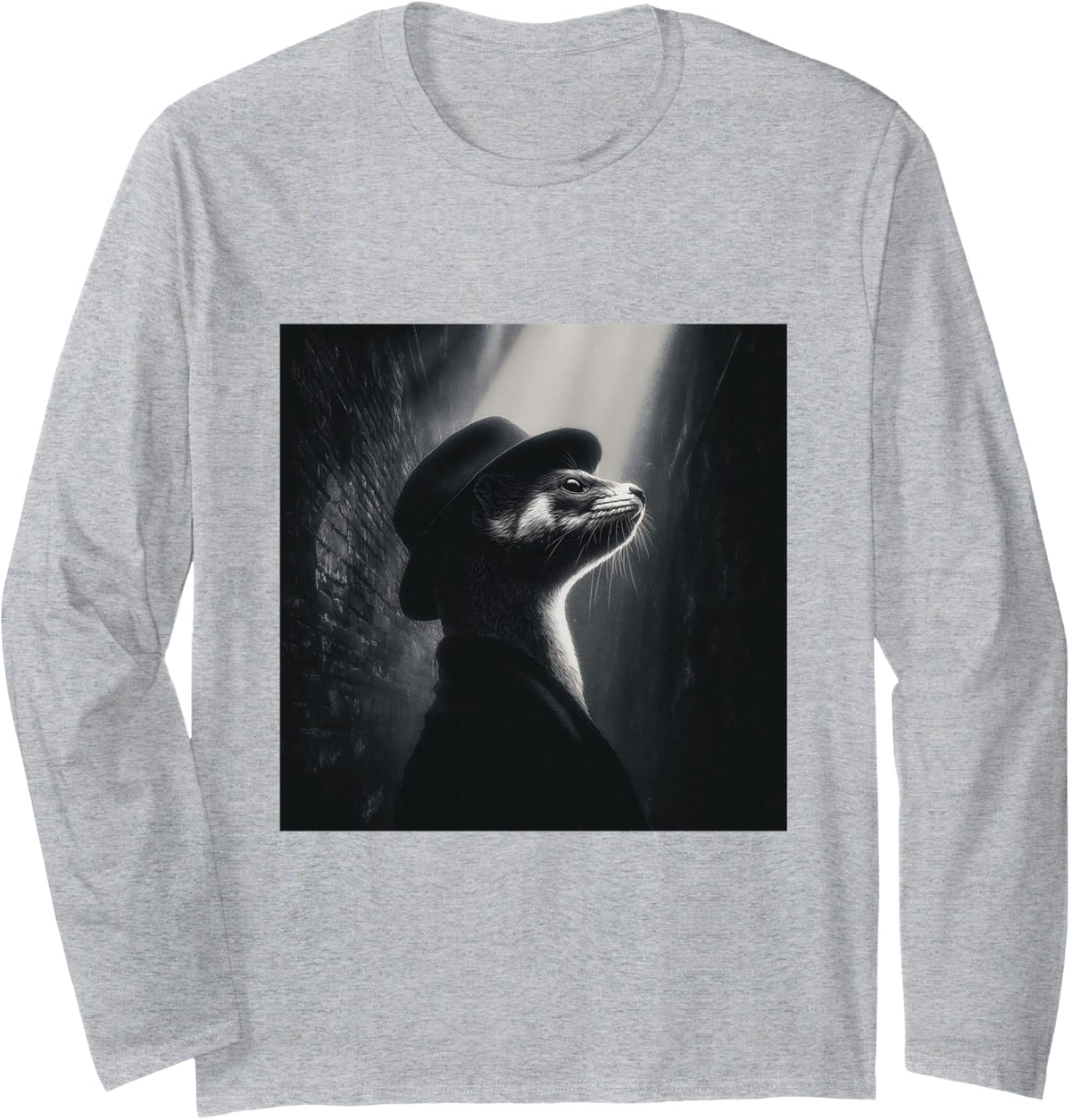 Ferret Detective Noir Alleyway Fedora Long Sleeve T-Shirt - Adult Unisex Heather Grey