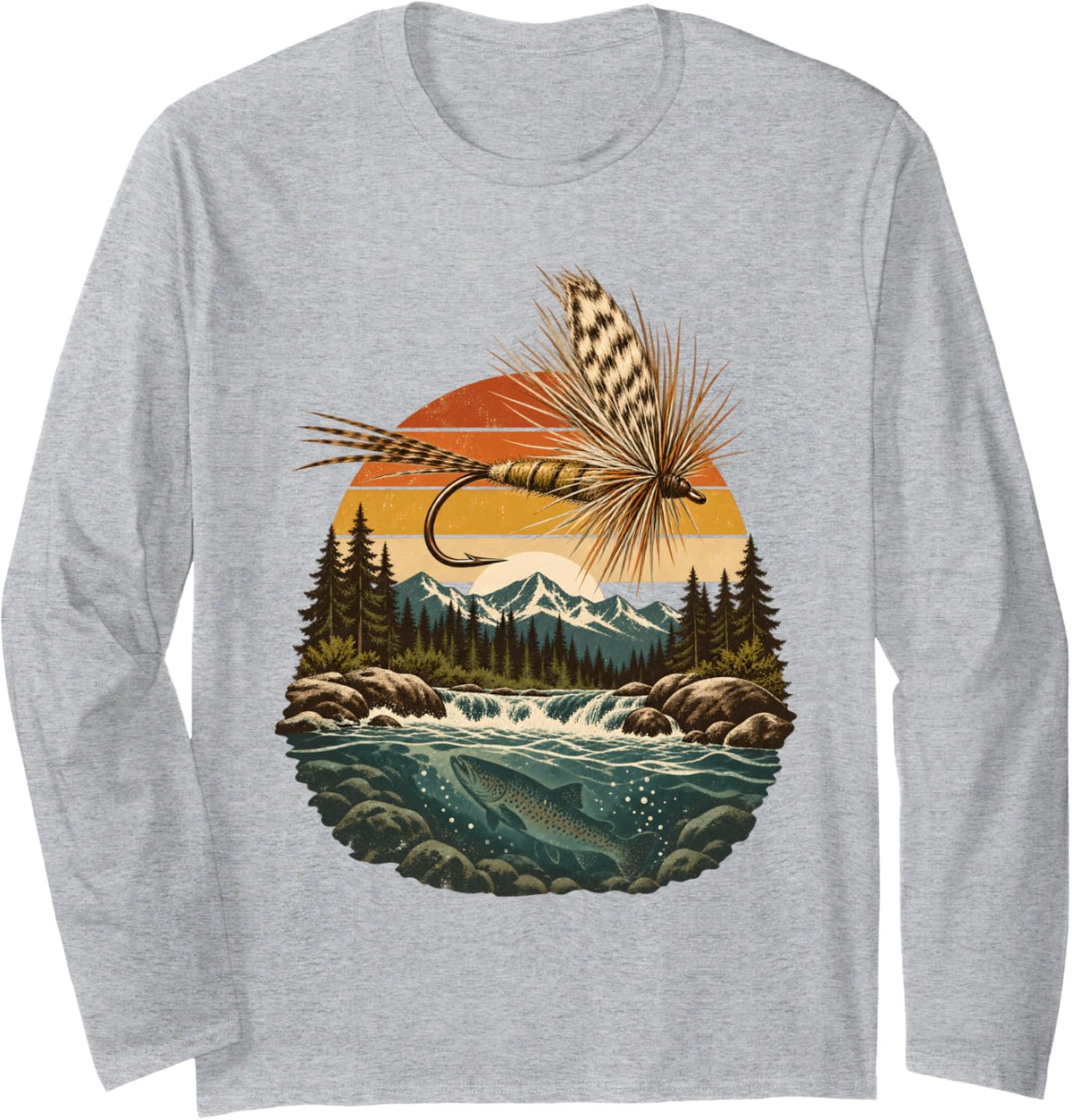 Retro Mountain Stream Fly Fishing Trout Angler Long Sleeve T-Shirt - Adult Unisex Heather Grey