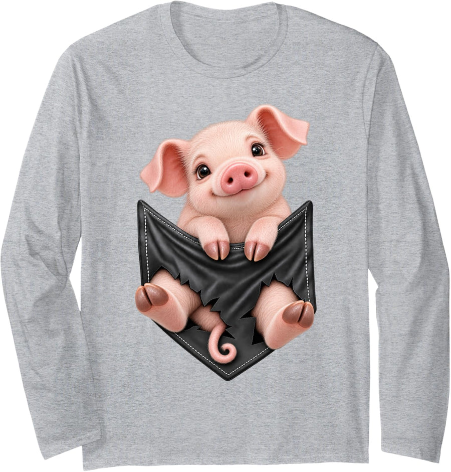 Funny Pig Pocket for Men and Women Cute Animal Graphic Long Sleeve T-Shirt - Adult Unisex Heather Grey