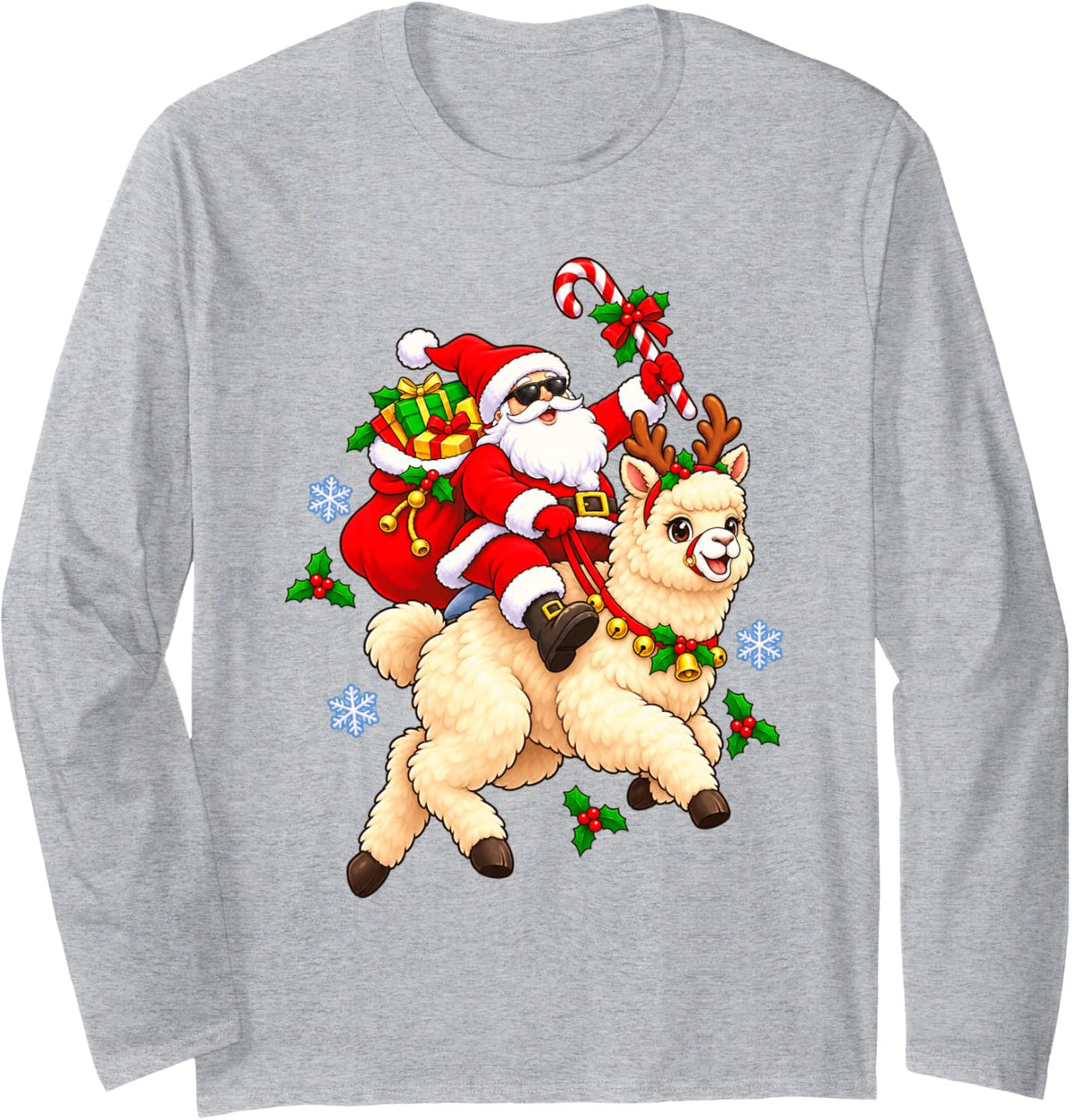 Christmas Santa Cheerful Alpaca Holiday Cartoon Illustration Long Sleeve T-Shirt - Adult Unisex Heather Grey
