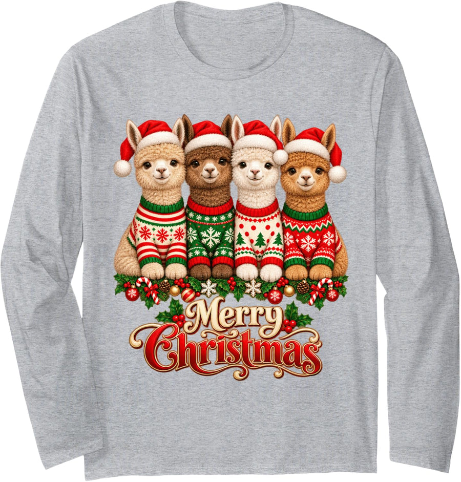 Merry Christmas Alpaca Santa Hat Holiday Animal Lover Long Sleeve T-Shirt - Adult Unisex Heather Grey