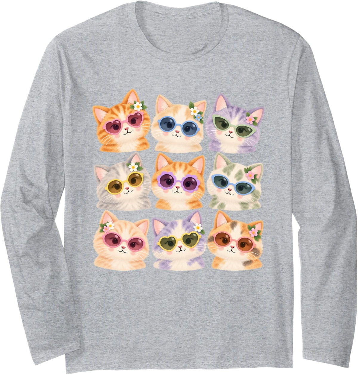 Soft Storybook Cat Lover Summer Vibes Tee Cats in Sunglasses Long Sleeve T-Shirt - Adult Unisex Heather Grey
