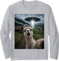 Alpaca Selfie with Alien UFO Funny Meme Long Sleeve T-Shirt - Adult Unisex Heather Grey