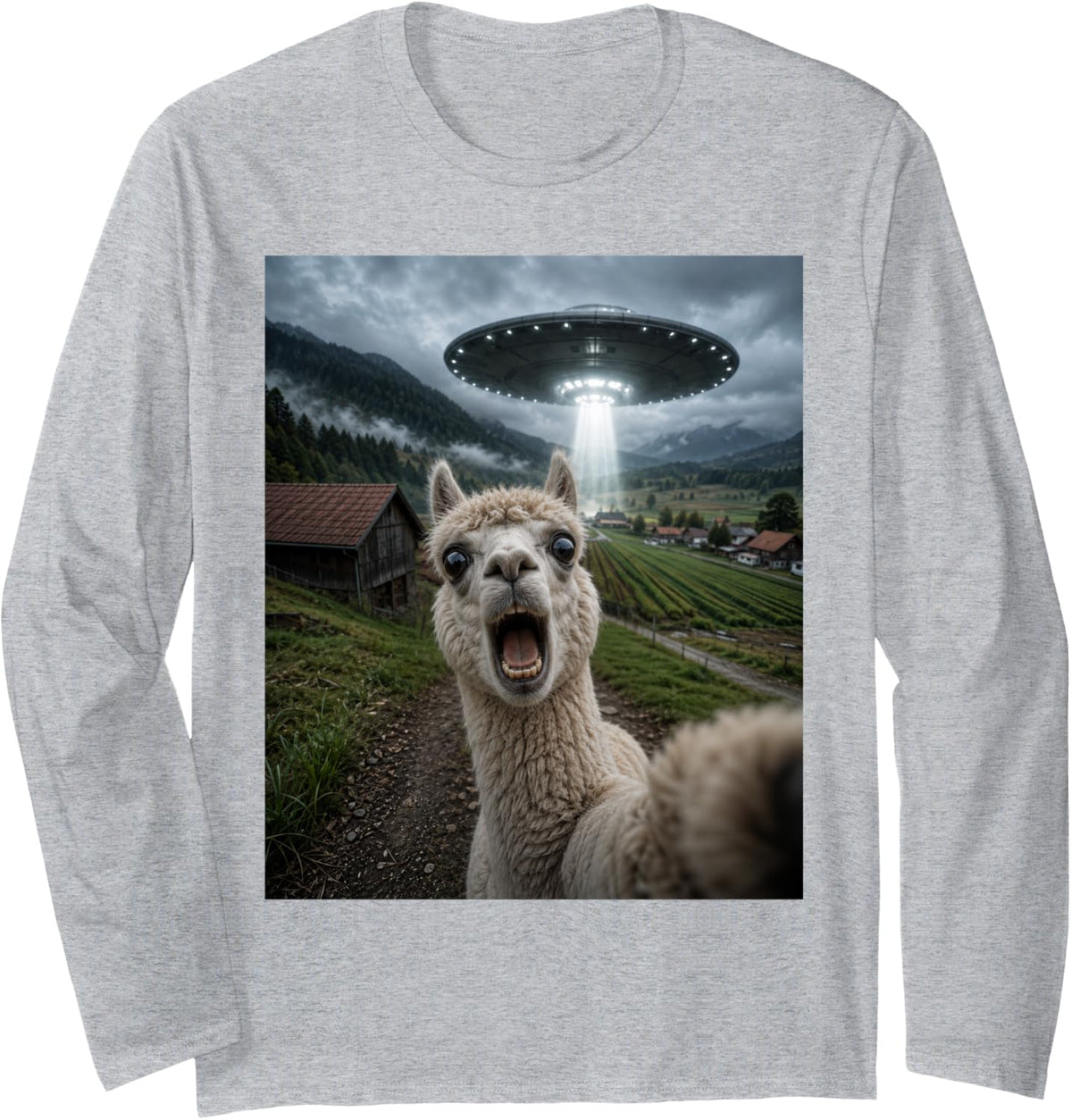 Alpaca Selfie with Alien UFO Funny Meme Long Sleeve T-Shirt - Adult Unisex Heather Grey