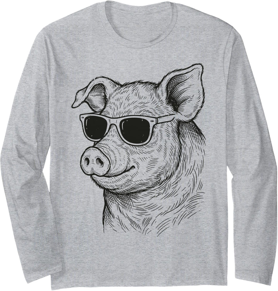 Cool Pig Sunglasses Funny Farmer Swine Pig Lover Farming Long Sleeve T-Shirt - Adult Unisex Heather Grey