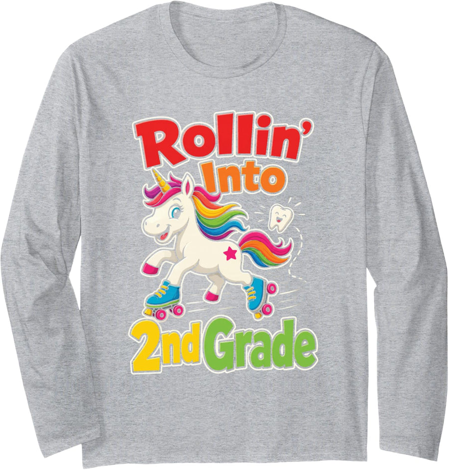 2nd Grade Rollin' Into It Unicorn Roller Skates First Day Long Sleeve T-Shirt - Adult Unisex Heather Grey