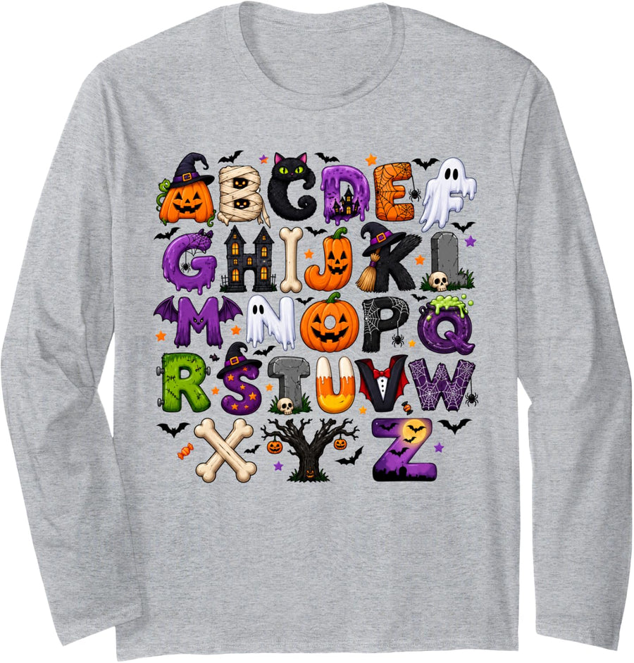 ABCs Learning Kindergarten Teacher Funny Halloween Alphabet Long Sleeve T-Shirt - Adult Unisex Heather Grey
