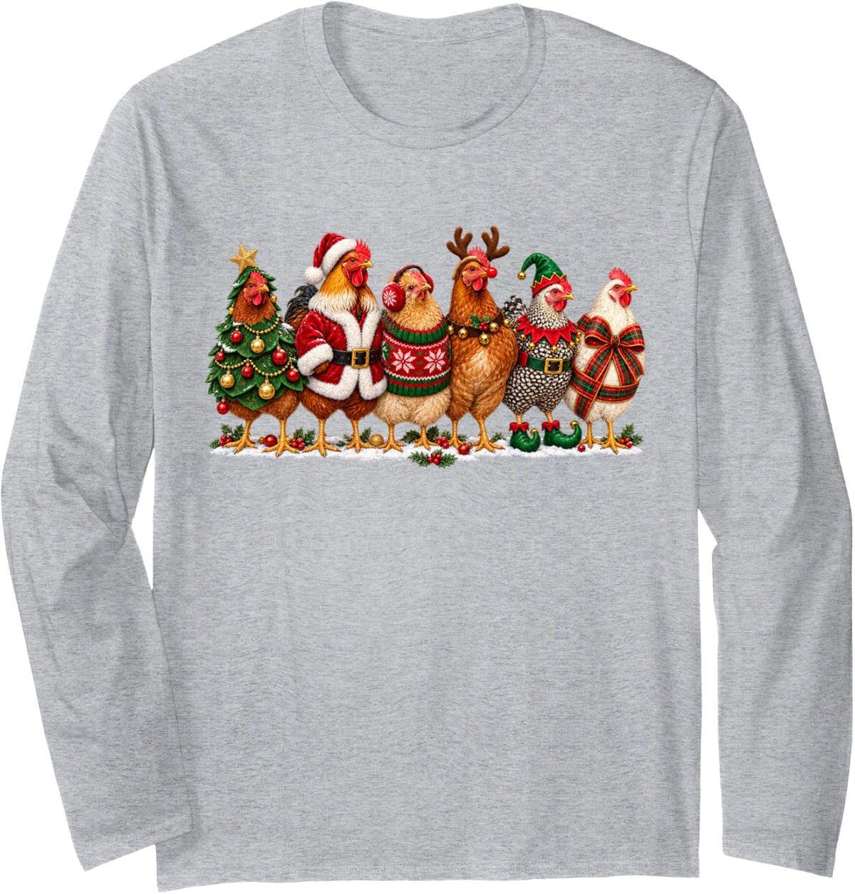 Funny Chicken Christmas Costumes Santa Christmas Tree Long Sleeve T-Shirt - Adult Unisex Heather Grey