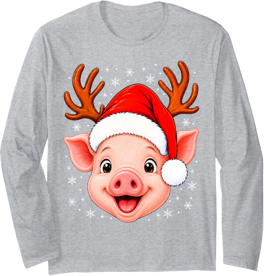 Cute Pig Festive Santa Hat Pig Christmas Long Sleeve T-Shirt - Adult Unisex Heather Grey