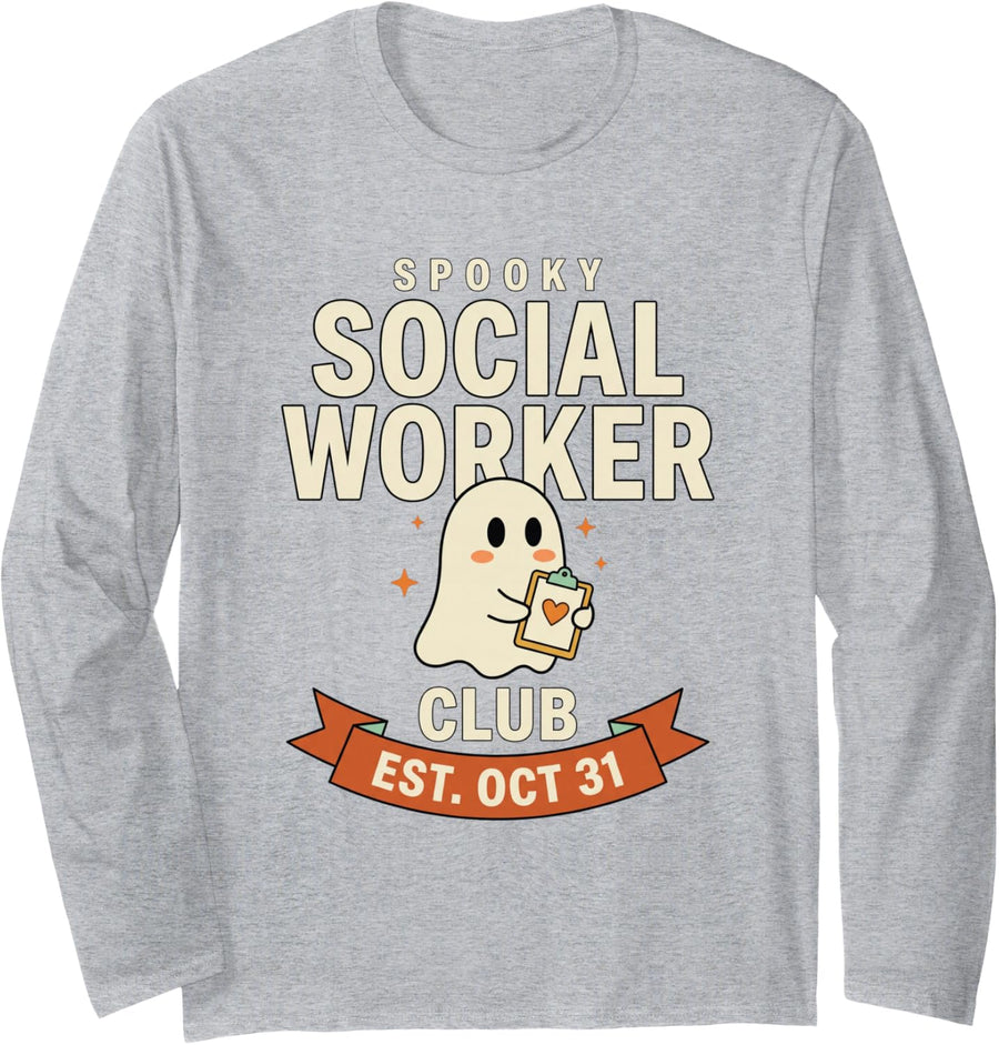 Spooky Social Worker Club Halloween Ghost with Clipboard Long Sleeve T-Shirt - Adult Unisex Heather Grey