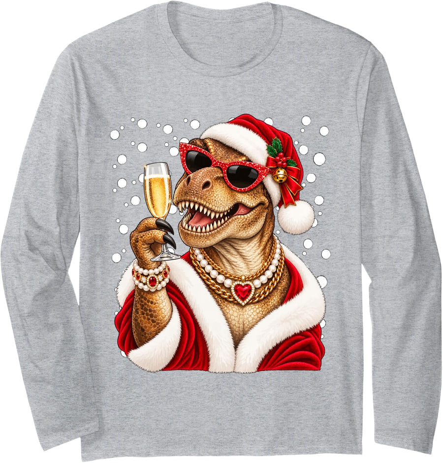 Glam T-rex with Champagne Festive Dinosaur Christmas Party Long Sleeve T-Shirt - Adult Unisex Heather Grey