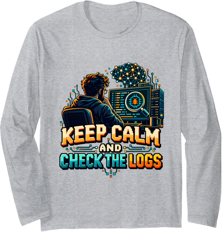 Keep Calm and Check The Logs AI Architect Debugging Long Sleeve T-Shirt - Adult Unisex Heather Grey