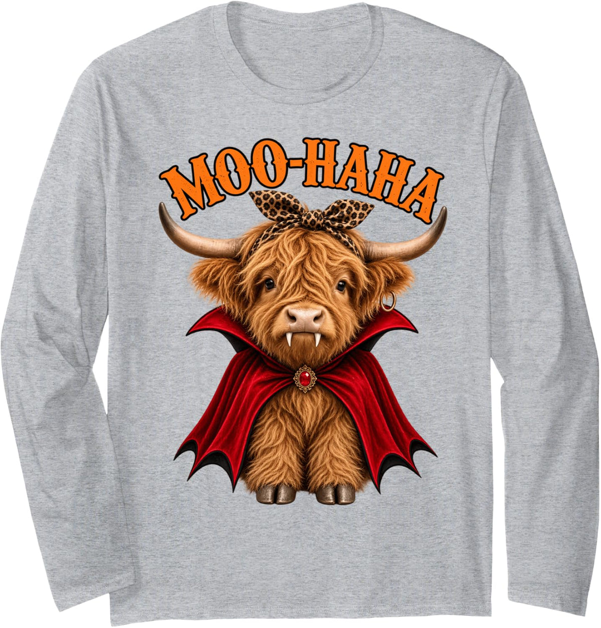 Moo Haha Highland Cow Vampire Funny Halloween Couple Woman Long Sleeve T-Shirt - Adult Unisex Heather Grey