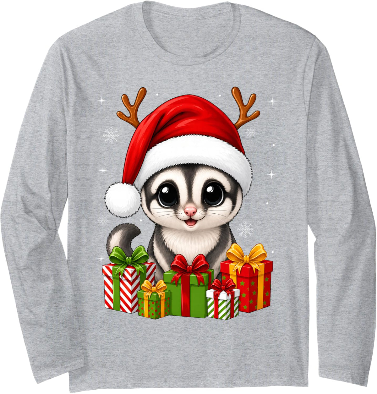 Xmas Decor Cute Festive Santa Hat Sugar Glider Christmas Long Sleeve T-Shirt - Adult Unisex Heather Grey
