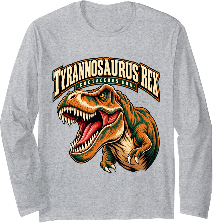 Roaring T Rex Cretaceous Era Dinosaur Paleontology Long Sleeve T-Shirt - Adult Unisex Heather Grey