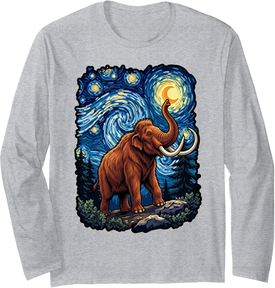 Night Starry Mammoths Extinct Animal Woolly Mammoth Long Sleeve T-Shirt - Adult Unisex Heather Grey