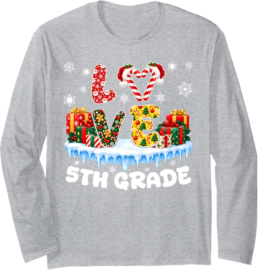 Love 5th Grade Christmas Cookie Baking Teacher Student Xmas Long Sleeve T-Shirt - Adult Unisex Heather Grey