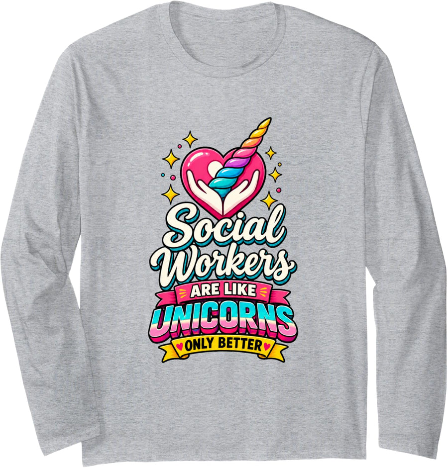 Funny Social Worker Unicorn Case Worker Long Sleeve T-Shirt - Adult Unisex Heather Grey