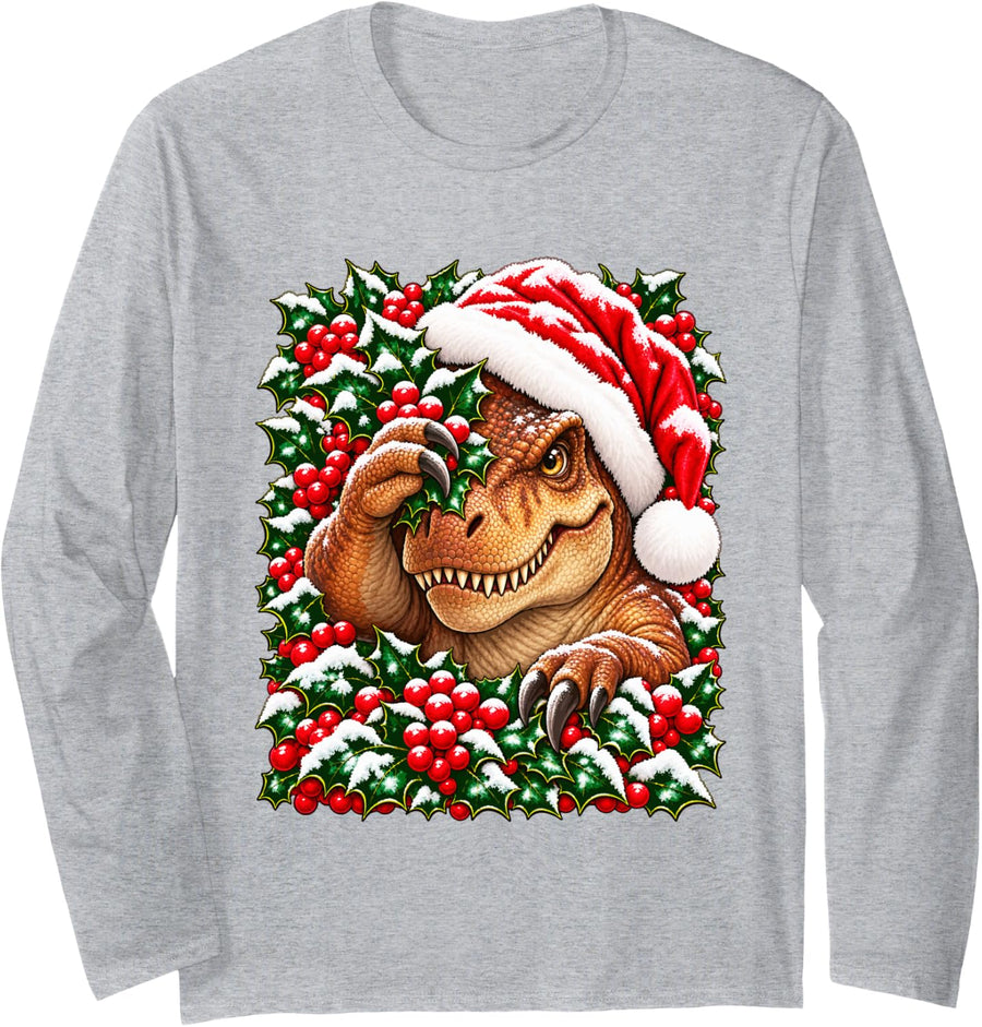 Christmas T-rex Peeking with Holly Berries Festive Dinosaur Long Sleeve T-Shirt - Adult Unisex Heather Grey