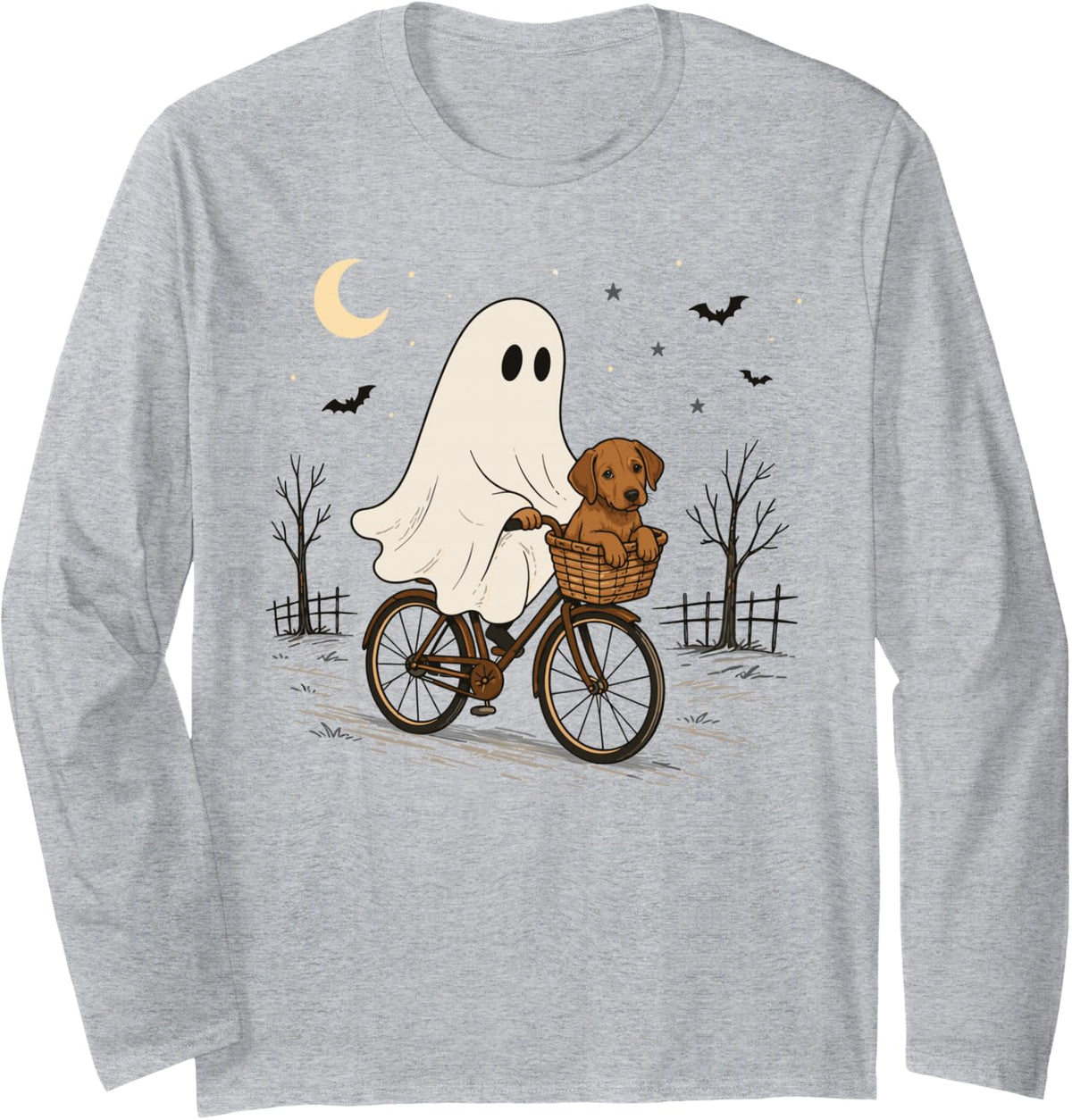 Rhodesian Ridgeback Ghost Bicycle Halloween Night Ride Long Sleeve T-Shirt - Adult Unisex Heather Grey