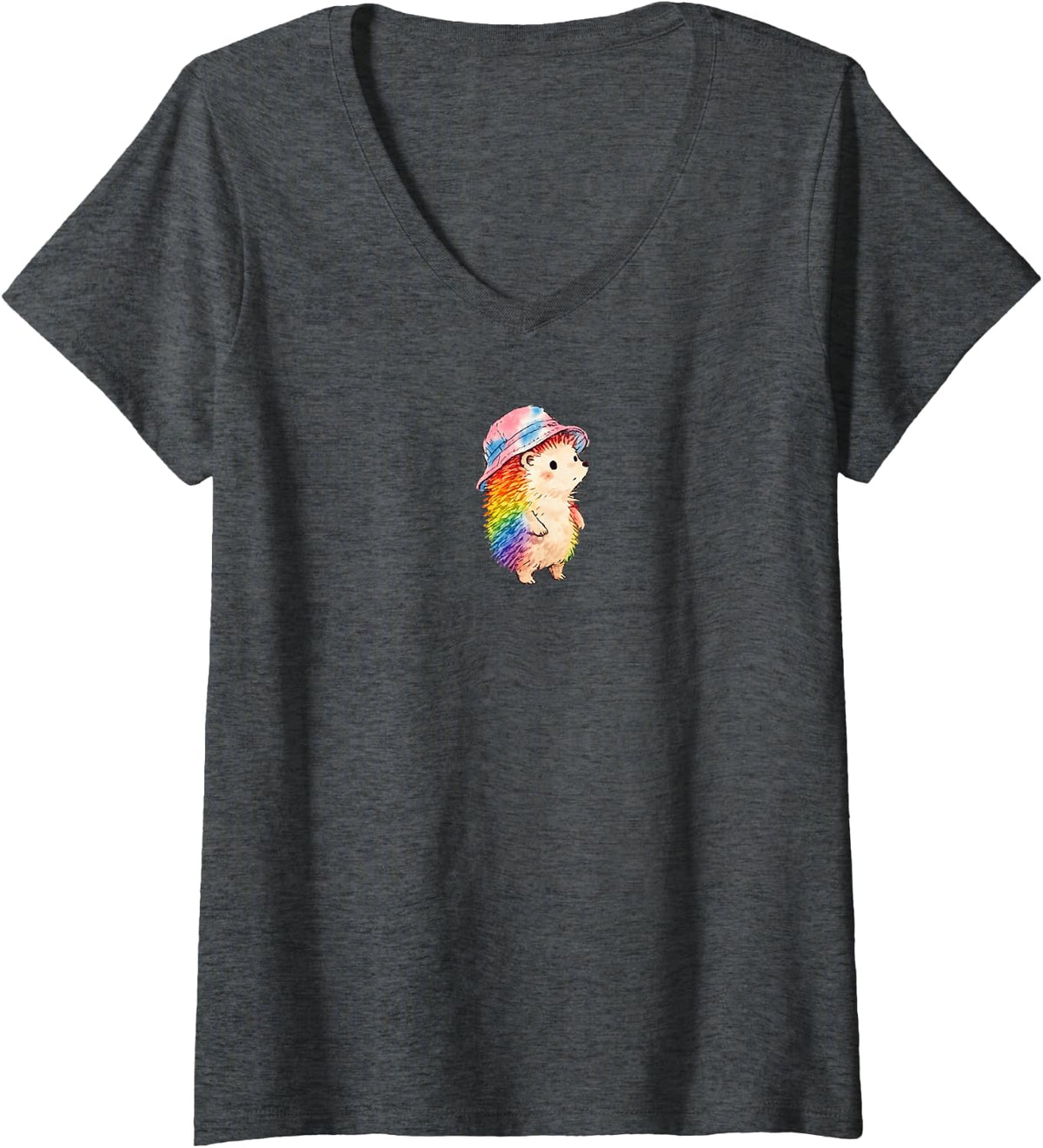 Women's Rainbow Hedgehog with Tie-Dye Bucket Hat V-Neck T-Shirt - Dark Heather Grey