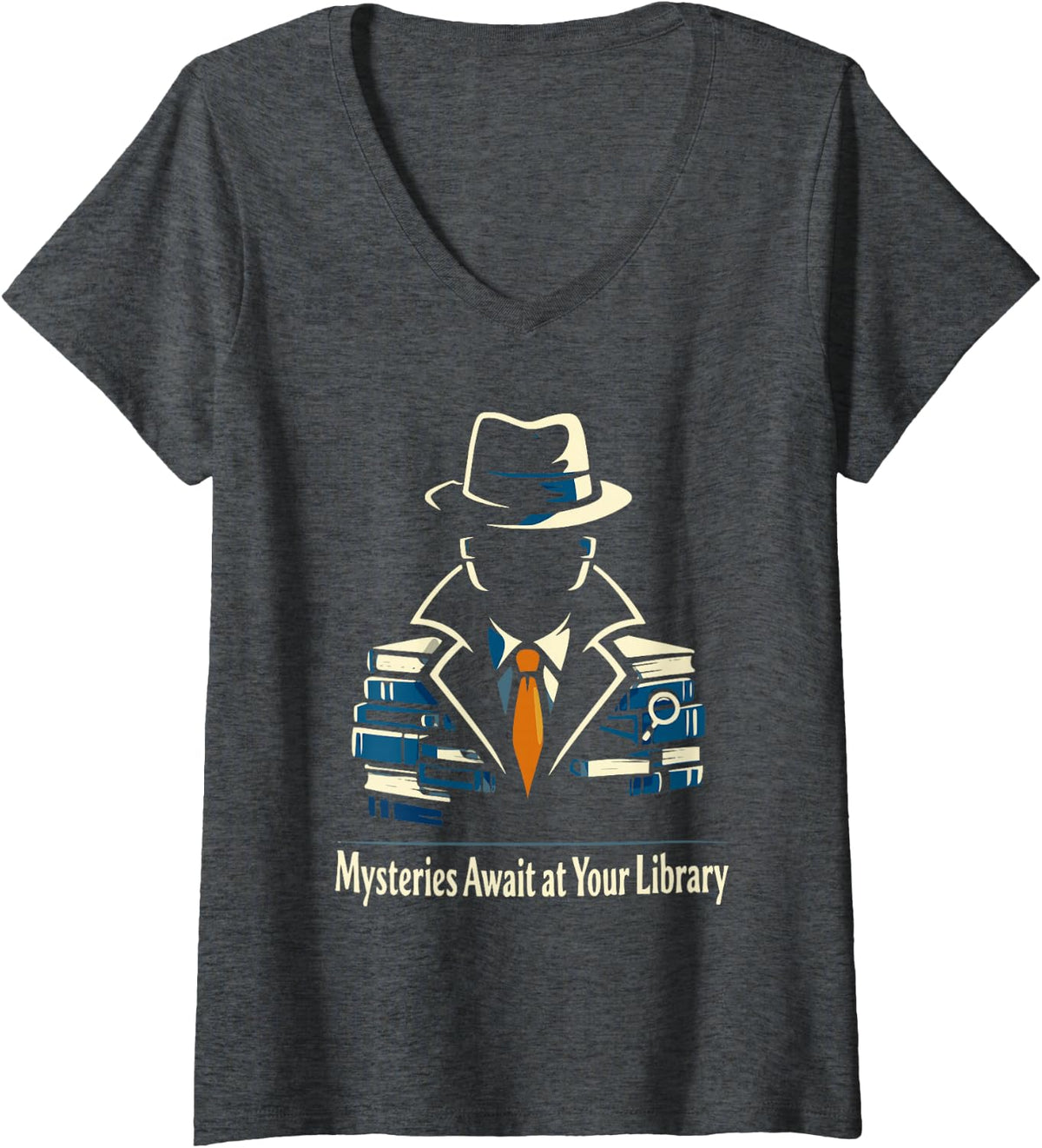 Women's Mysteries Await at Your Library Modern Detective Summer Read V-Neck T-Shirt - Dark Heather Grey