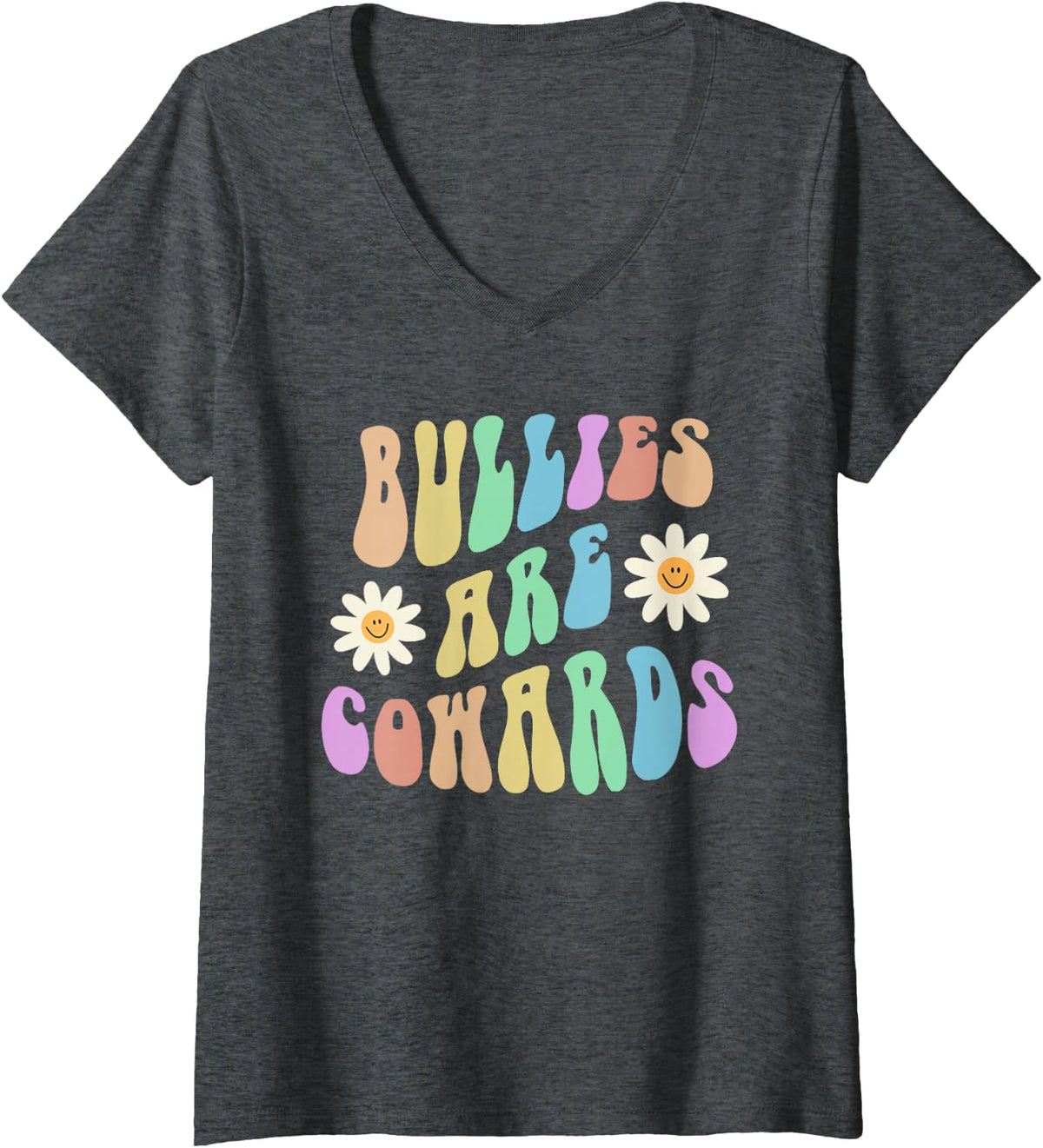 Women's Groovy BULLIES ARE COWARDS Retro Stop Bullying Choose Kind V-Neck T-Shirt - Dark Heather Grey