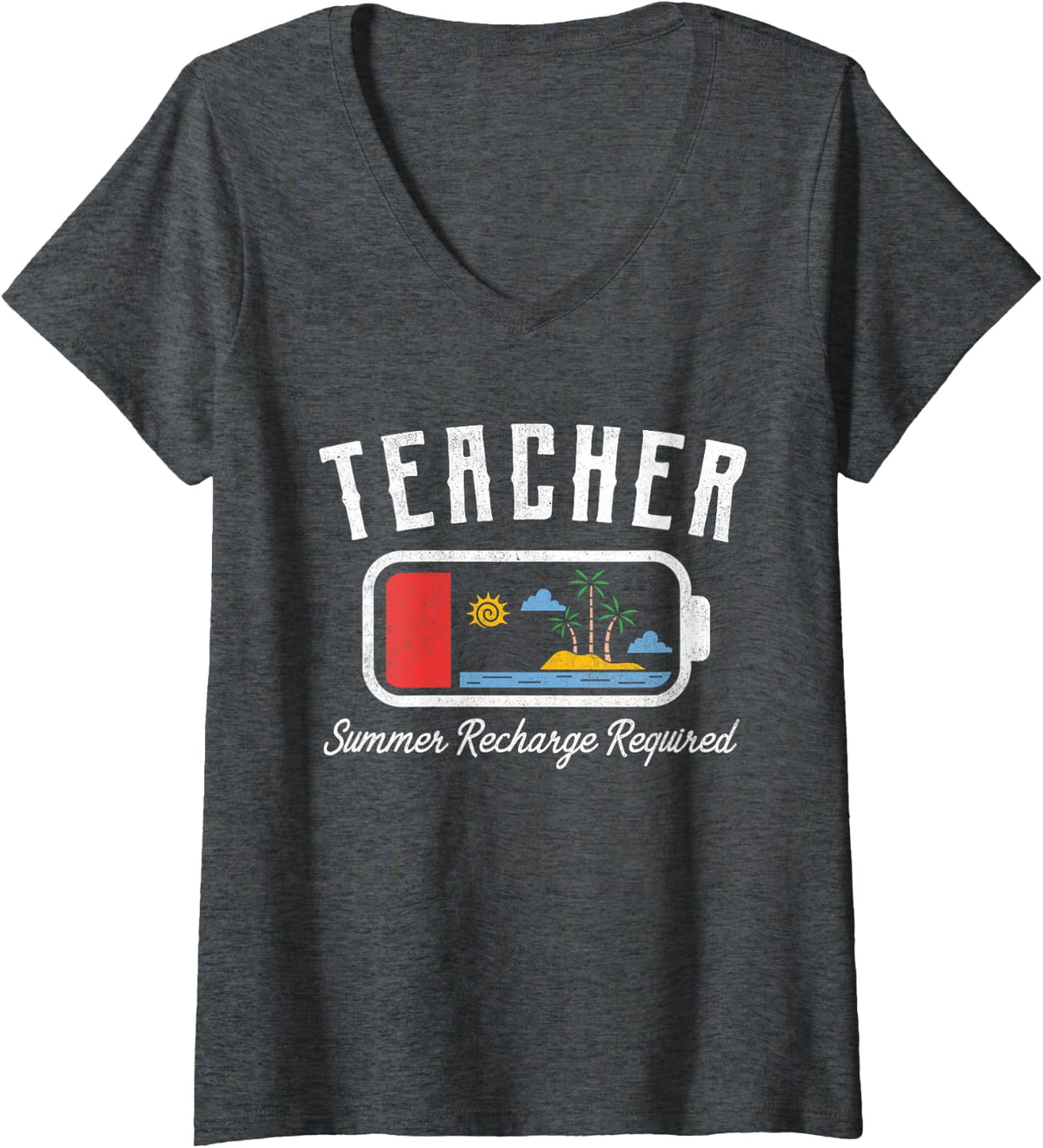 Women's Teacher Summer Recharge Required Last Day School Men Women V-Neck T-Shirt - Dark Heather Grey