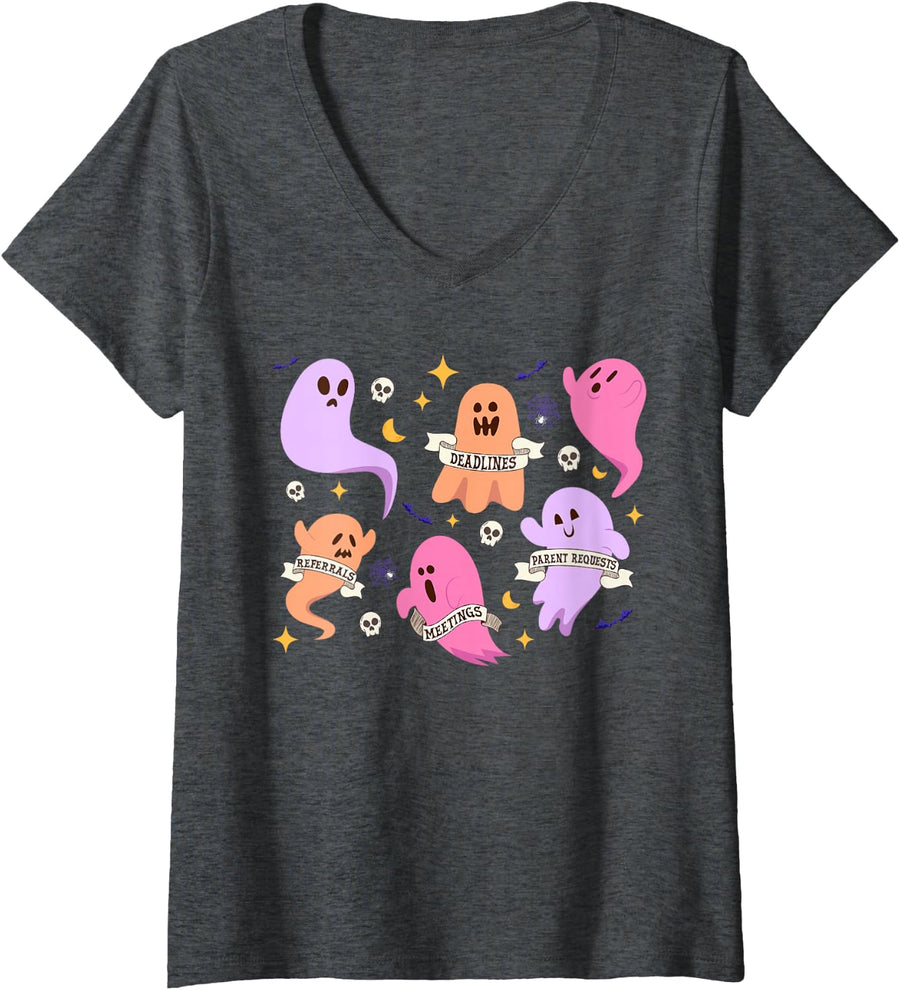 Women's Ghost School Counselor Halloween Boo School Social Worker V-Neck T-Shirt - Dark Heather Grey