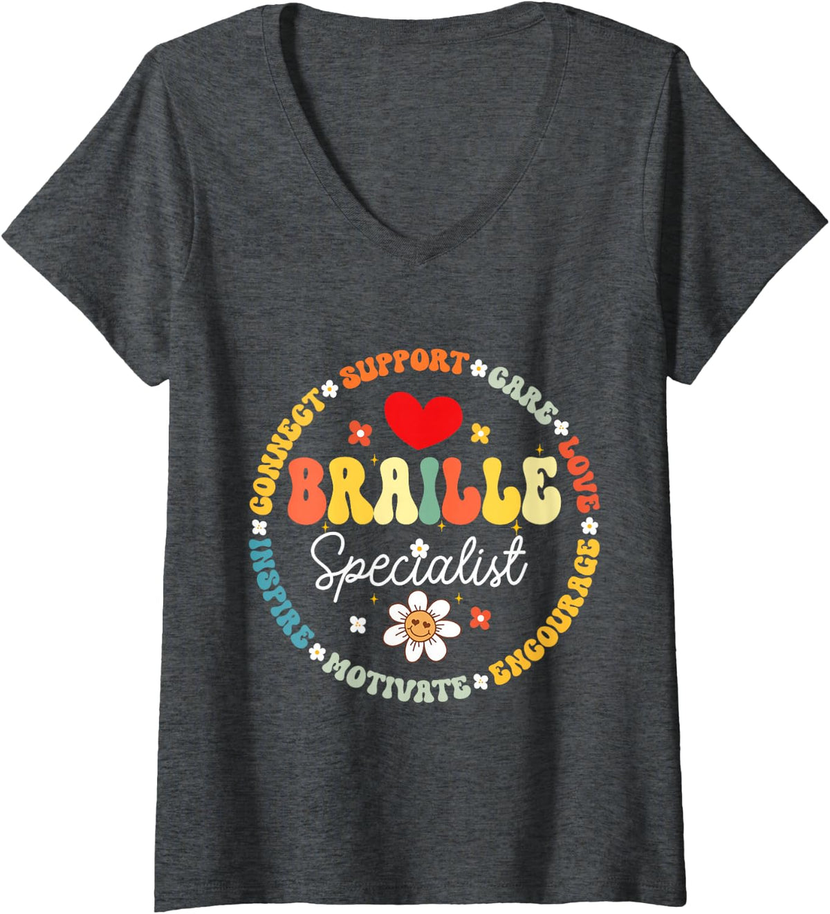 Women's Braille Specialist Teacher Language Appreciation Back School V-Neck T-Shirt - Dark Heather Grey