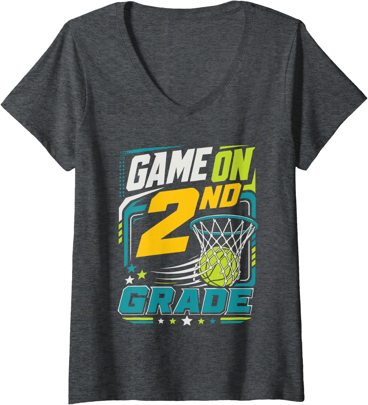 Women's Game On 2nd Grade Basketball School Spirit V-Neck T-Shirt - Dark Heather Grey