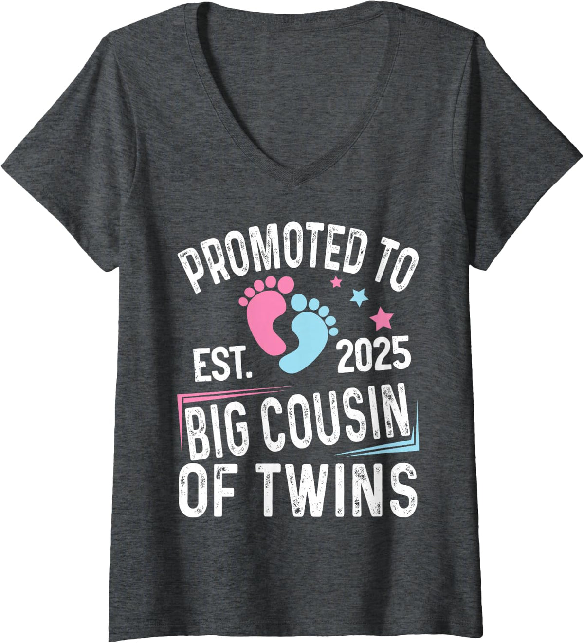 Women's Promoted to Big Cousin of Twins Est 2025 Baby Shower V-Neck T-Shirt - Dark Heather Grey