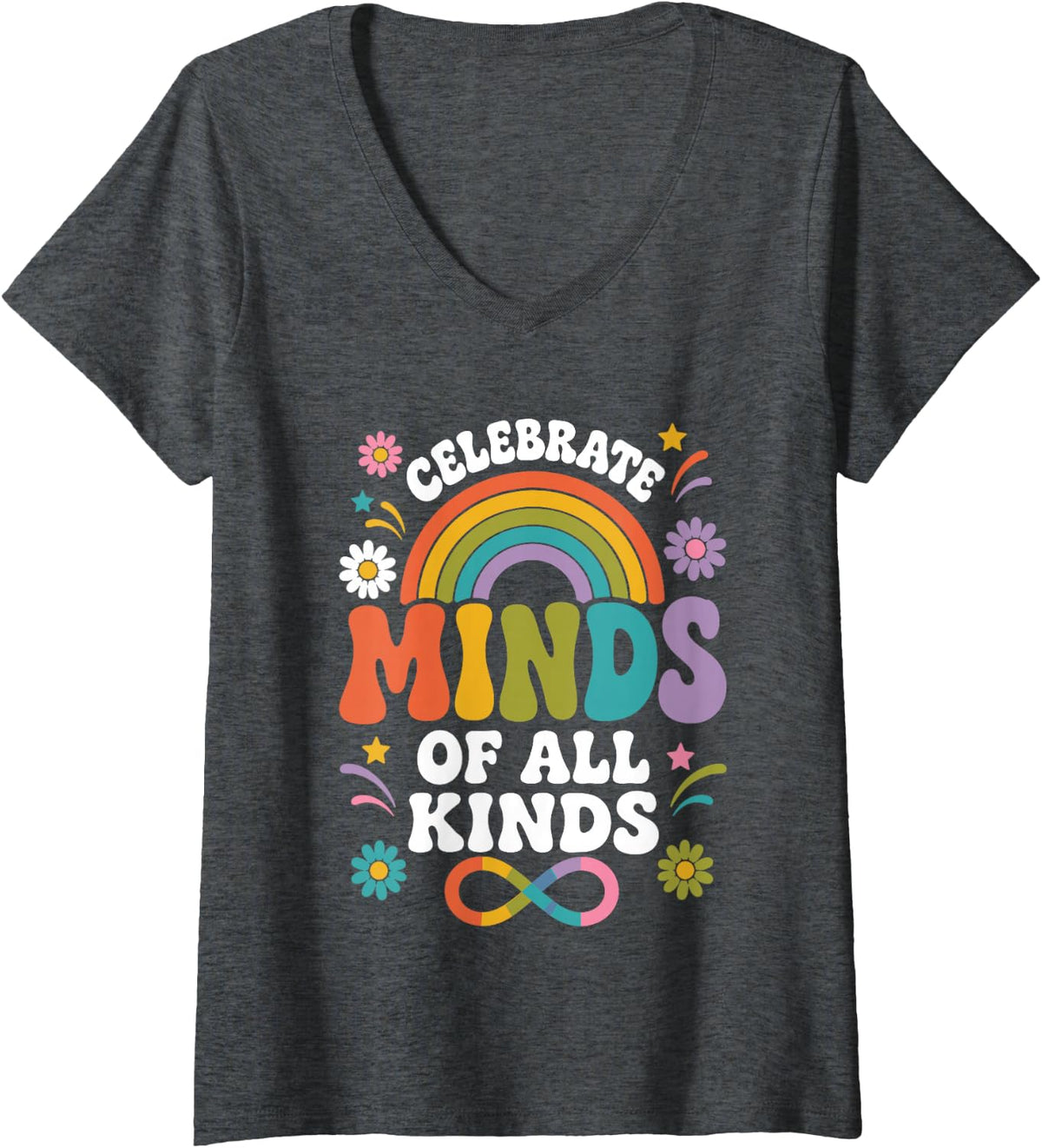Women's Celebrate Minds of All Kinds Retro Rainbow Autism SPED V-Neck T-Shirt - Dark Heather Grey