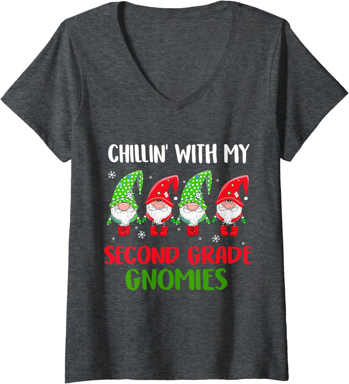 Women's Ph Chillin with My Second Grade Gnomies Gnome Christmas V-Neck T-Shirt - Dark Heather Grey