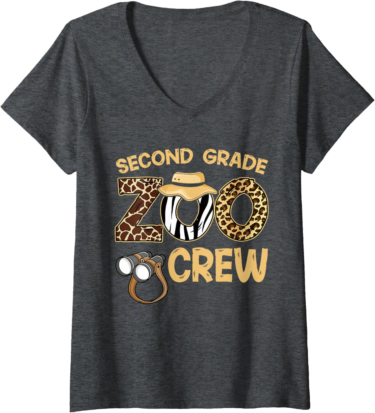 Women's Field Zoo Trip Shirt for Teacher, Second Grade Crew V-Neck T-Shirt - Dark Heather Grey