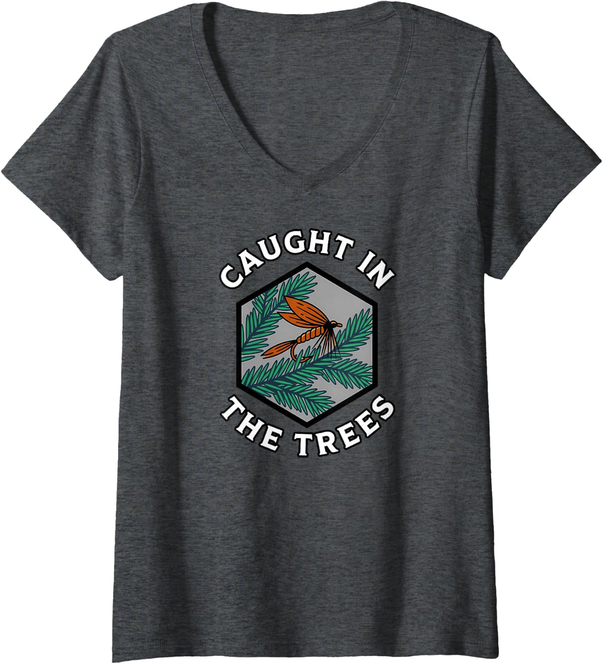 Women's Fly Fishing Caught in The Trees Angler Humor Design V-Neck T-Shirt - Dark Heather Grey